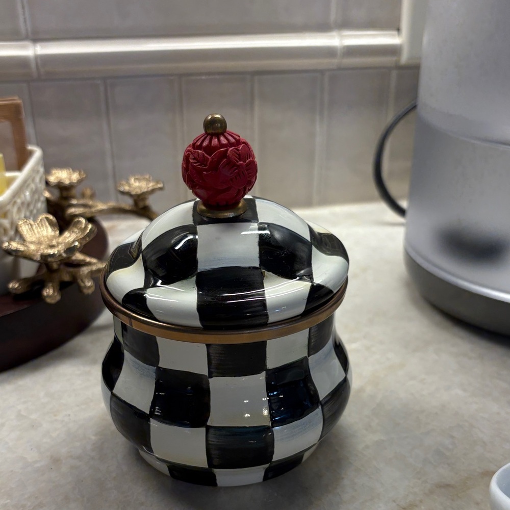 MacKenzie-Childs Black and White Checkered Jar with Red Knob